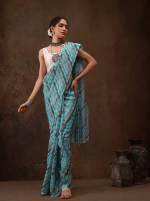 Teal Abstract Digital Printed Cotton Blend Saree 2