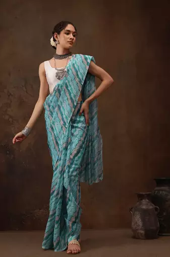 Teal Abstract Digital Printed Cotton Blend Saree
