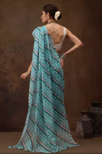 Teal Abstract Digital Printed Cotton Blend Saree