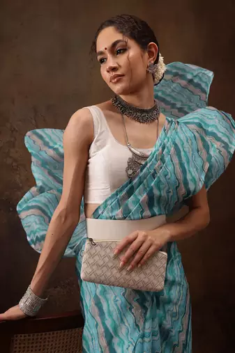Teal Abstract Digital Printed Cotton Blend Saree