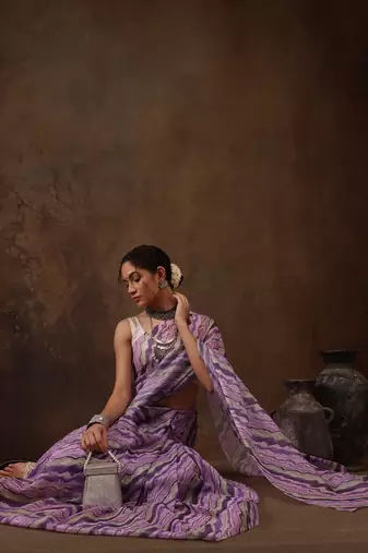 Lavender Abstract Digital Printed Cotton Blend Saree