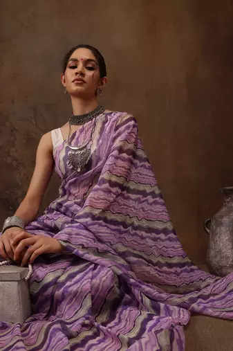 Lavender Abstract Digital Printed Cotton Blend Saree
