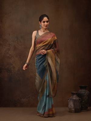 Multicolor Striped Digital Printed Silk Blend Saree 1