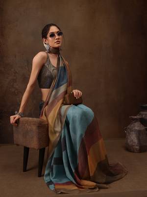 Multicolor Striped Digital Printed Silk Blend Saree 3