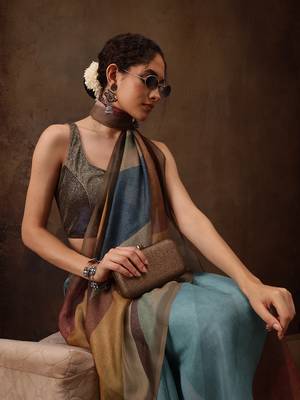 Multicolor Striped Digital Printed Silk Blend Saree 4