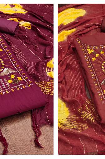 Women's classic magenta and maroon color unstitched sequence workwith deisngner dupatta cotton combo dress material