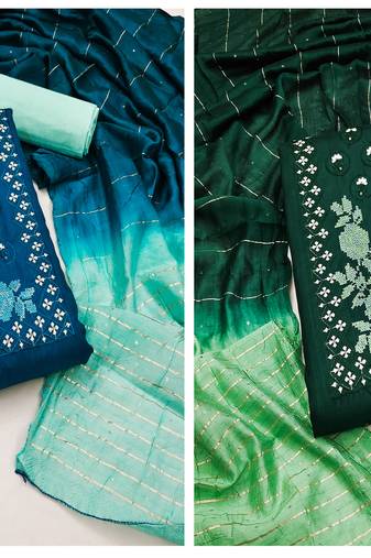Women's exclusive blue and green color unstitched sequence workwith embroidered dupatta cotton combo dress material