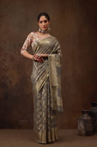 Grey Floral Woven Design Cotton Blend Saree