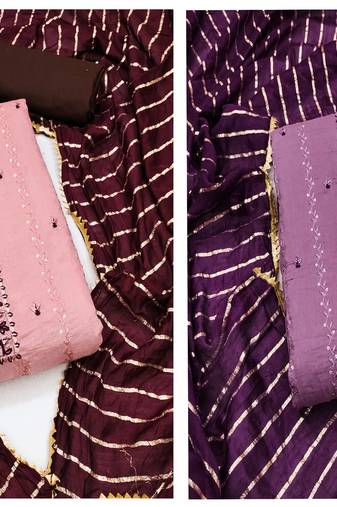Women's classic pink and light purple color unstitched sequence embroidery dupatta cotton combo dress material