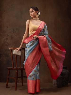Blue Floral Digital Printed Chanderi Art Silk Saree 1