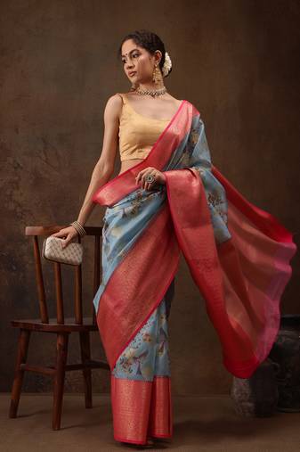 Blue Floral Digital Printed Chanderi Art Silk Saree