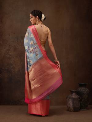 Blue Floral Digital Printed Chanderi Art Silk Saree 2