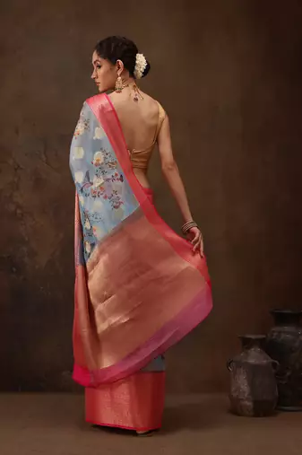 Blue Floral Digital Printed Chanderi Art Silk Saree