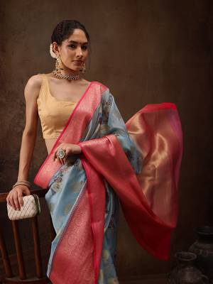 Blue Floral Digital Printed Chanderi Art Silk Saree 3