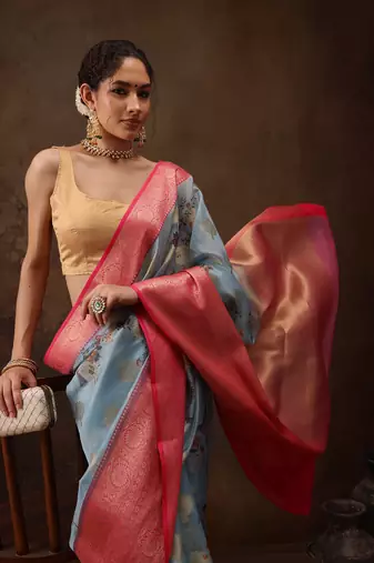 Blue Floral Digital Printed Chanderi Art Silk Saree