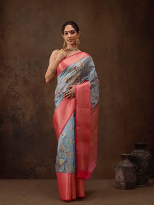 Blue Floral Digital Printed Chanderi Art Silk Saree 4