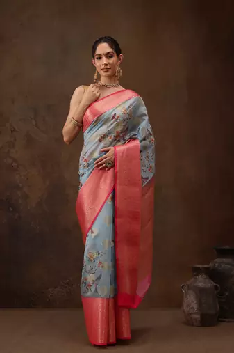 Blue Floral Digital Printed Chanderi Art Silk Saree