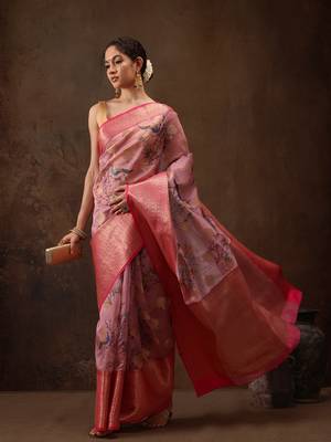 Light Pink Floral/Animal Print Digital Printed Chanderi Art Silk Saree 1