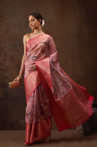 Light Pink Floral/Animal Print Digital Printed Chanderi Art Silk Saree
