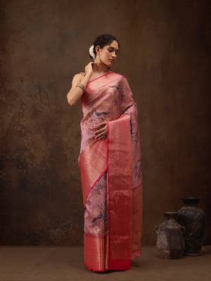 Light Pink Floral/Animal Print Digital Printed Chanderi Art Silk Saree 2