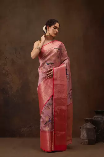 Light Pink Floral/Animal Print Digital Printed Chanderi Art Silk Saree
