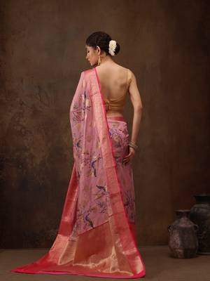Light Pink Floral/Animal Print Digital Printed Chanderi Art Silk Saree 3