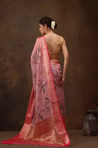 Light Pink Floral/Animal Print Digital Printed Chanderi Art Silk Saree