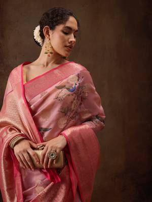 Light Pink Floral/Animal Print Digital Printed Chanderi Art Silk Saree 4