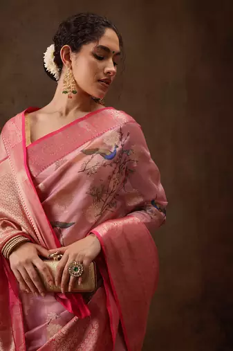 Light Pink Floral/Animal Print Digital Printed Chanderi Art Silk Saree