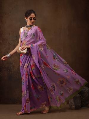 Purple Floral Digital Printed Chiffon Saree 1