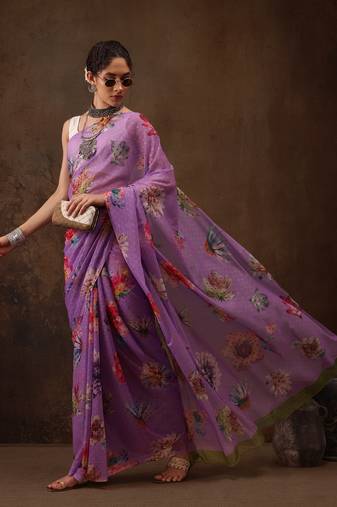 Purple Floral Digital Printed Chiffon Saree