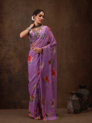 Purple Floral Digital Printed Chiffon Saree 2