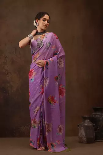 Purple Floral Digital Printed Chiffon Saree