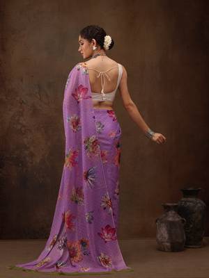 Purple Floral Digital Printed Chiffon Saree 3