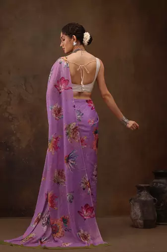 Purple Floral Digital Printed Chiffon Saree