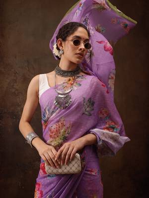 Purple Floral Digital Printed Chiffon Saree 4