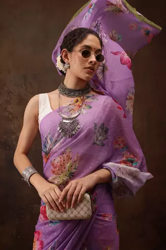 Purple Floral Digital Printed Chiffon Saree