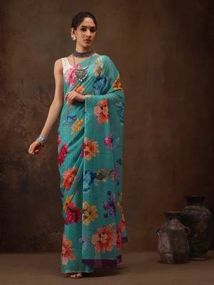 Teal Floral Digital Printed Chiffon Saree 1