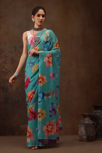 Teal Floral Digital Printed Chiffon Saree