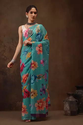 Teal Floral Digital Printed Chiffon Saree