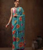 Teal Floral Digital Printed Chiffon Saree