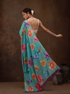 Teal Floral Digital Printed Chiffon Saree 2