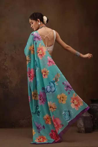 Teal Floral Digital Printed Chiffon Saree