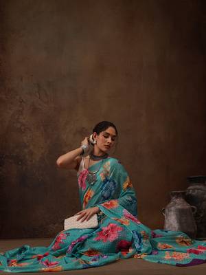Teal Floral Digital Printed Chiffon Saree 3