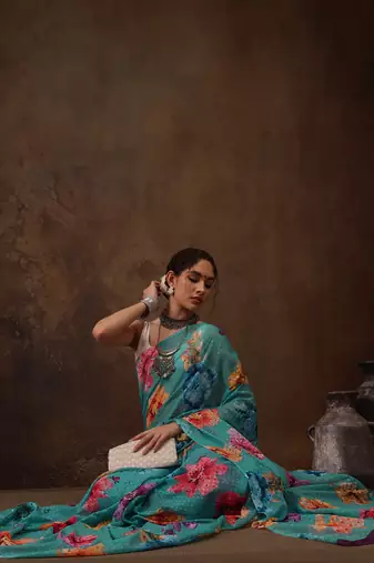 Teal Floral Digital Printed Chiffon Saree
