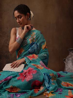 Teal Floral Digital Printed Chiffon Saree 4