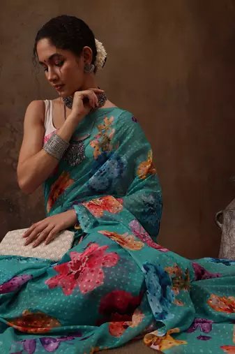 Teal Floral Digital Printed Chiffon Saree
