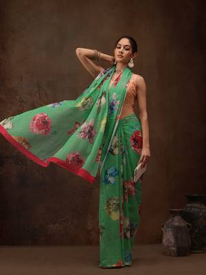 Green Floral Digital Printed Chiffon Saree 1