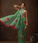Green Floral Digital Printed Chiffon Saree