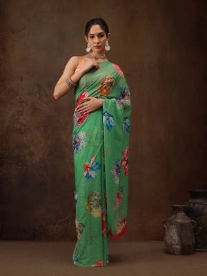 Green Floral Digital Printed Chiffon Saree 2